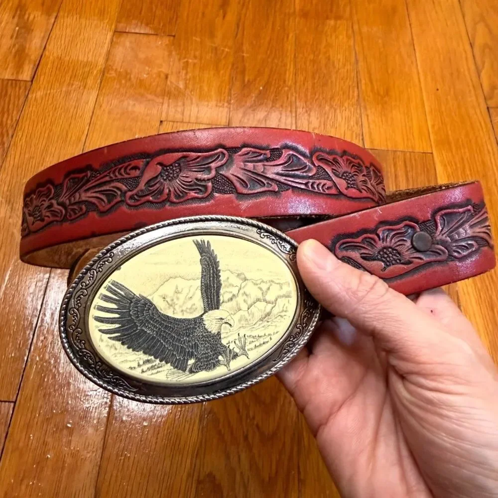 Vintage Barlow USA Scrimshaw Eagle Belt Buckle Tooled Leather Red Western Belt